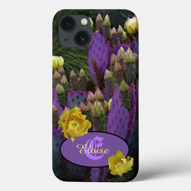 Funda De Case-Mate Para iPhone Flores amarillas de cactus púrpura monograma perso (Reverso)