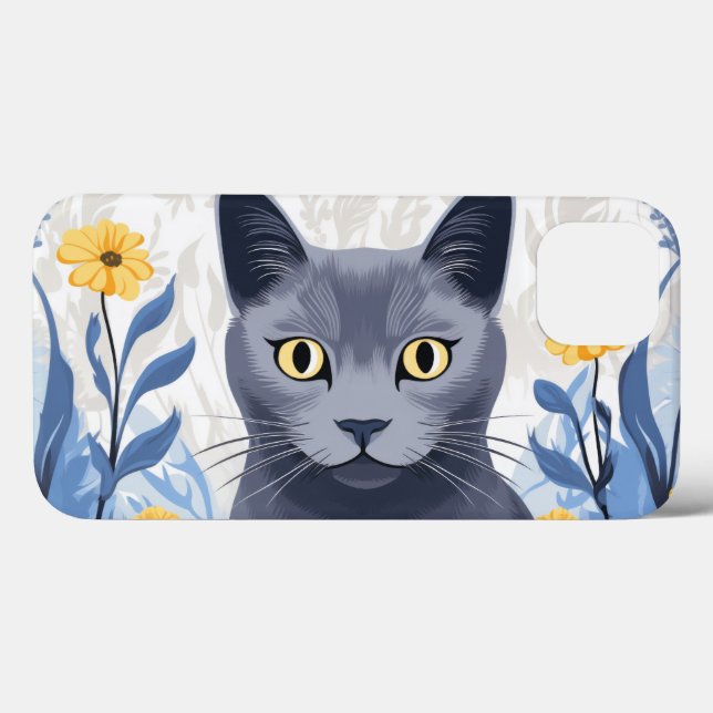 Funda De Case-Mate Para iPhone Flores amarillas de gato azul ruso (Reverso (Horizontal))