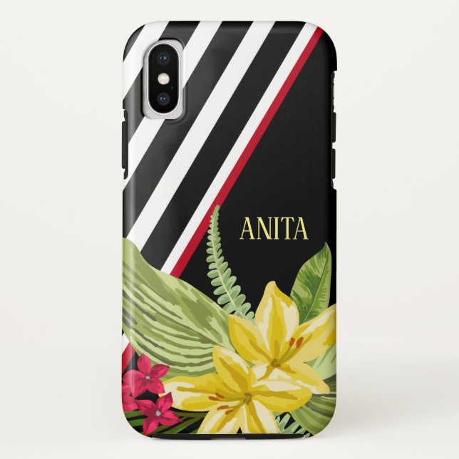 Funda De Case-Mate Para iPhone Flores amarillas en franjas blancas negras (Reverso)