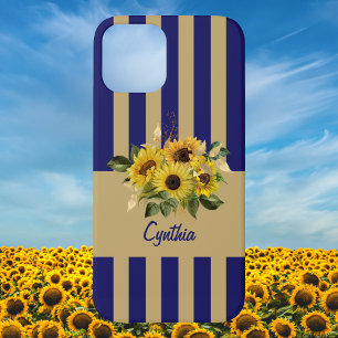 Funda Para iPhone 12 Flores amarillas y flores de marina azules y dorad