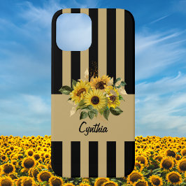 Funda Para iPhone 12 Flores amarillas y rayas negras y doradas