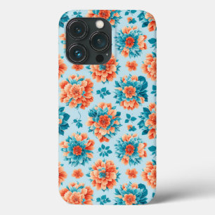 Funda Para iPhone 13 Pro Flores animadas azules y Naranjas: el deslumbrante