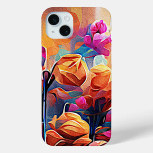 Funda Para iPhone 15 Mini Flores azules rojas Naranja de arte Abstracto flor