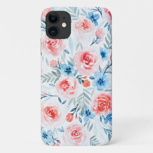 Funda Para iPhone 11 Flores azules rosas azul acuarela Patrón floral