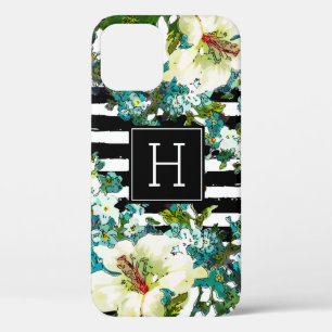 Funda Para iPhone 12 Flores azules y blancas elegantes con monograma
