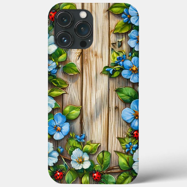 Funda De Case-Mate Para iPhone Flores azules y mariquitas (Reverso )