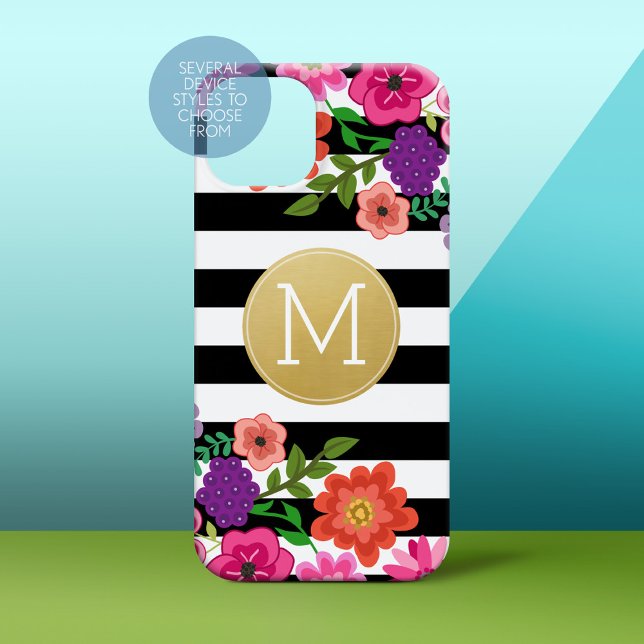 Funda De Case-Mate Para iPhone Flores, bandas, Monograma dorado Blanco negro (Personalized Phone Case)