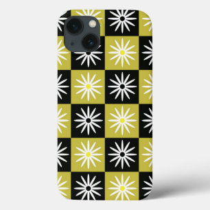 Funda Para iPhone 13 Flores blancas a cuadros sobre cuadrados amarillos