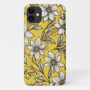 Funda Para iPhone 11 Flores blancas artísticas sobre fondo amarillo