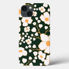 Funda Para iPhone 13 Flores blancas centradas en el amarillo y fondo ve