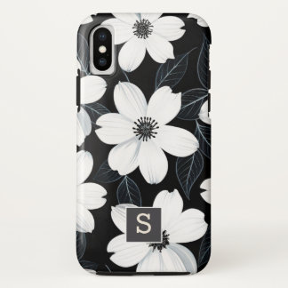 Funda Para iPhone X Flores blancas en el Monograma Negro Elegante