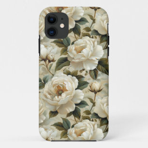 Funda Para iPhone 11 Flores blancas en un fondo crema.