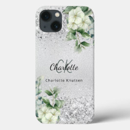 Funda Para iPhone 13 Flores blancas plateadas nombre del monograma eucl
