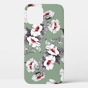 Funda Para iPhone 12 Flores blancas rojas sin foco: decoración verde