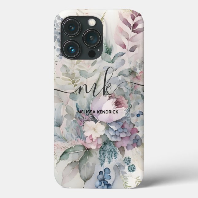 Funda De Case-Mate Para iPhone Flores botánicas vintage Pastel Monograma (Reverso )