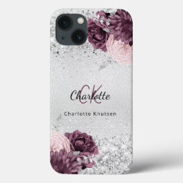 Funda Para iPhone 13 Flores burdeos plateadas elegante nombre de monogr