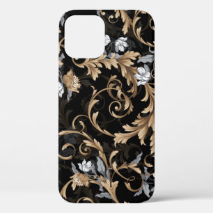 Funda Para iPhone 12 Flores clásicas barrocas: fondo negro.