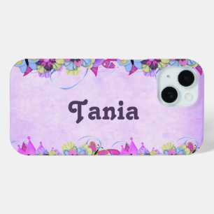 Funda Para iPhone 15 Flores cortas y mariposas en violeta
