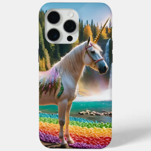 Funda Para iPhone 15 Pro Max Flores de arcoiris unicornio lago de cascada de ár