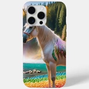 Funda Para iPhone 15 Pro Max Flores de arcoiris unicornio lago de cascada de ár