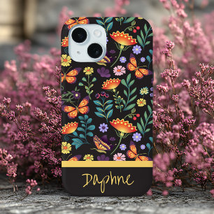 Funda Para iPhone 15 Flores de arte folclórico y mariposas personalizad