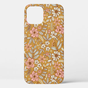 Funda Para iPhone 12 flores de bonito en un patrón sin soldadura dorado