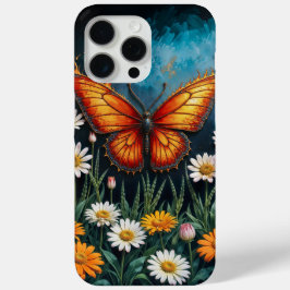 Funda Para iPhone 15 Pro Max Flores de camomila de mariposa de insectos naranja