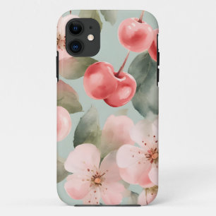 Funda Para iPhone 11 Flores de cerezo y cerezas Arte de primavera
