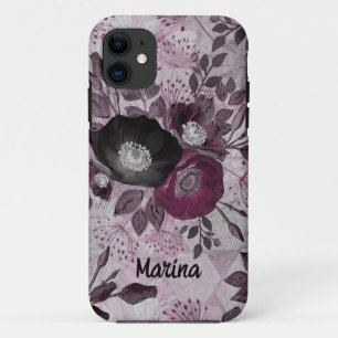 Funda Para iPhone 11 Flores de color de agua de Borgoña.