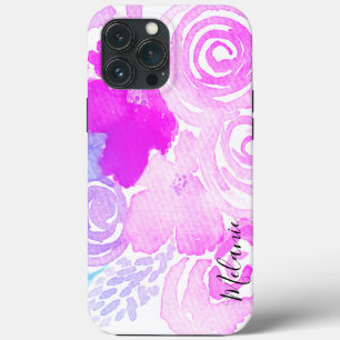 Funda Para iPhone 13 Pro Max Flores de color de agua nombre de guión rosa brill