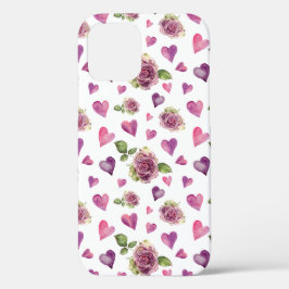 Funda Para iPhone 12 Flores de color morado rosado en los corazones