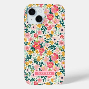 Funda Para iPhone 15 Flores de Coral Ditsy Monogramadas