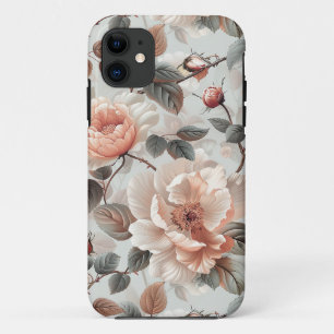 Funda Para iPhone 11 Flores de crema con hojas grises sobre un gris cla