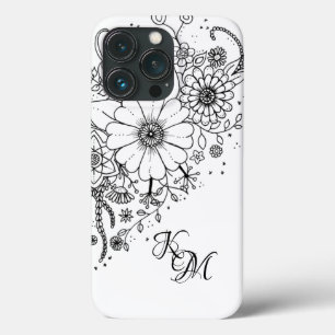 Funda Para iPhone 13 Pro Flores de Doodle en blanco y negro color en imagen
