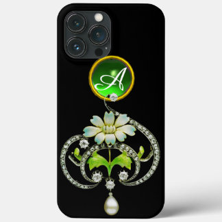 FUNDA PARA iPhone 13 PRO MAX FLORES DE ENAMEL BLANCO, PERLAS Y DIAMANTES MONOGR
