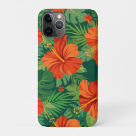 Funda Para iPhone 11 Pro Flores de Hibisco Rojo Naranja Verde Follaje de la