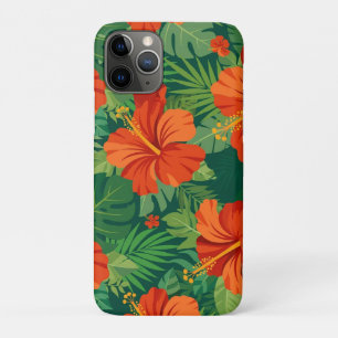 Funda Para iPhone 11 Pro Flores de Hibisco Rojo Naranja Verde Follaje de la