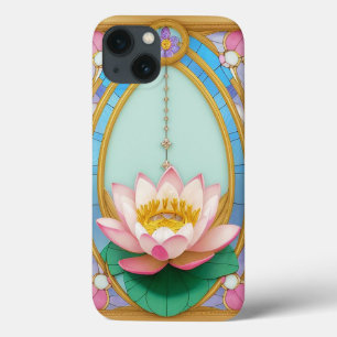 Funda Para iPhone 13 Flores de Loto en Flor con Marco de Oro Artístico