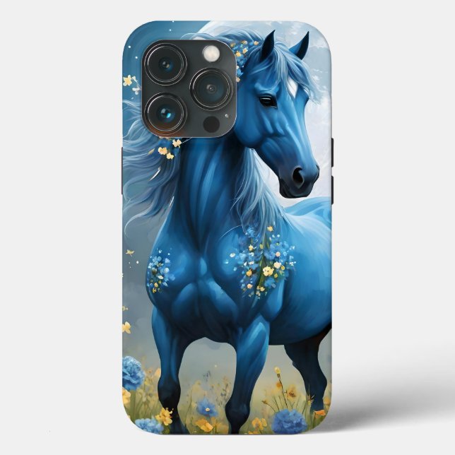 Funda De Case-Mate Para iPhone Flores de luna de caballo mágico azul, (Reverso )
