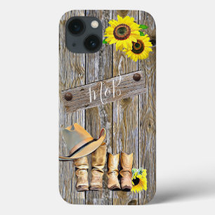 Funda Para iPhone 13 Flores de madera rústica, botes de vaquero y Gorra