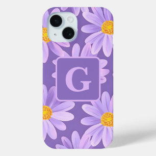 Funda Para iPhone 15 flores de margarita morada monograma personalizado