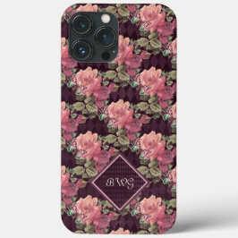 Funda Para iPhone 13 Pro Max Flores de melocotón en monograma de diamantes púrp