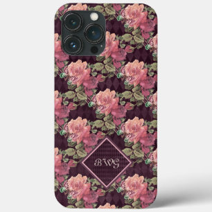 Funda Para iPhone 13 Pro Max Flores de melocotón en monograma de diamantes púrp