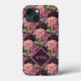 Funda Para iPhone 13 Mini Flores de melocotón en monograma de diamantes púrp