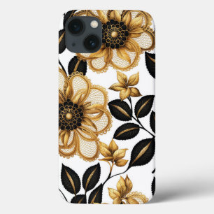 Funda Para iPhone 13 Flores de motivos florales elegantes de color negr