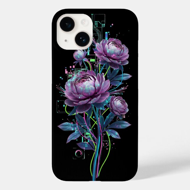 Funda De Case-Mate Para iPhone Flores de neón botánico cibernético Circuito holog (Reverso )
