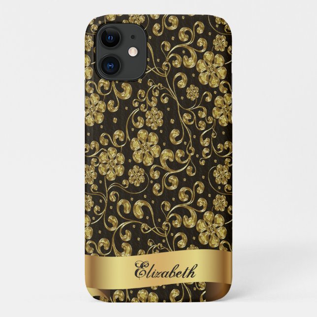 Funda De Case-Mate Para iPhone Flores de oro elegantes, negro-personalizado (Reverso)