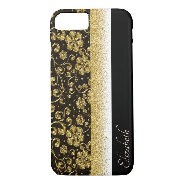Funda De Case-Mate Para iPhone Flores de oro elegantes, Purpurina, personalizadas (Reverso)