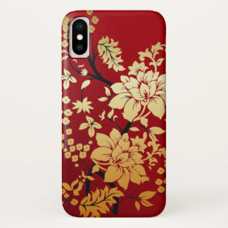 Funda Para iPhone X Flores de oro orientales en rojo