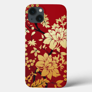 Funda Para iPhone 13 Flores de oro orientales sobre rojo